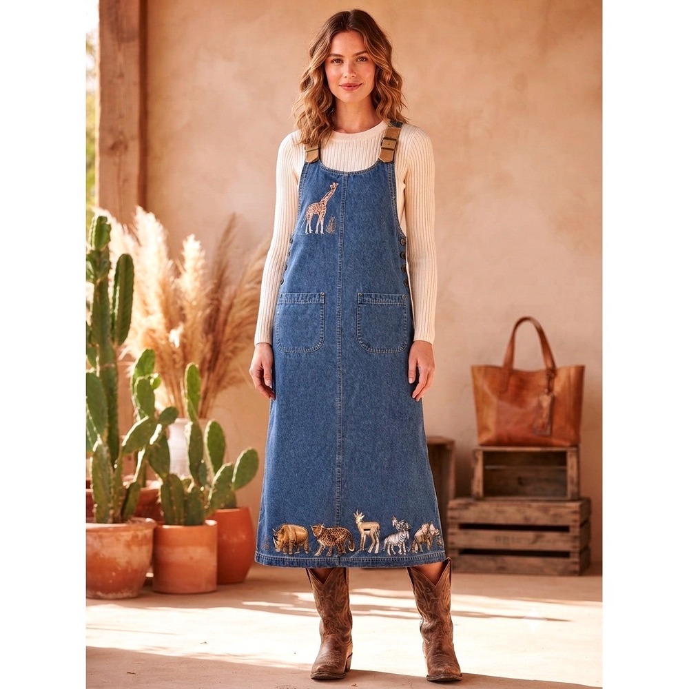 Haiks Vintage Denim Safari Animal Embroidered Jumper Dress Medium Blue Maxi